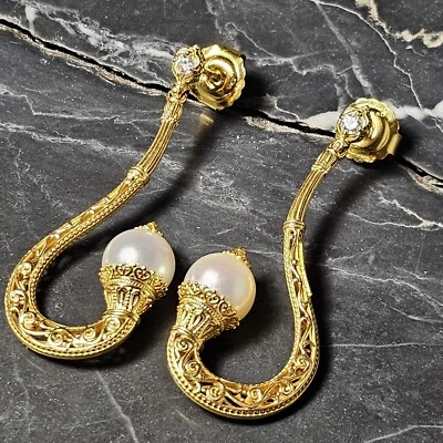 Konstantino 18k Earrings Flamenco Pearl Diamond Drop Dangle - Image 1 of 4