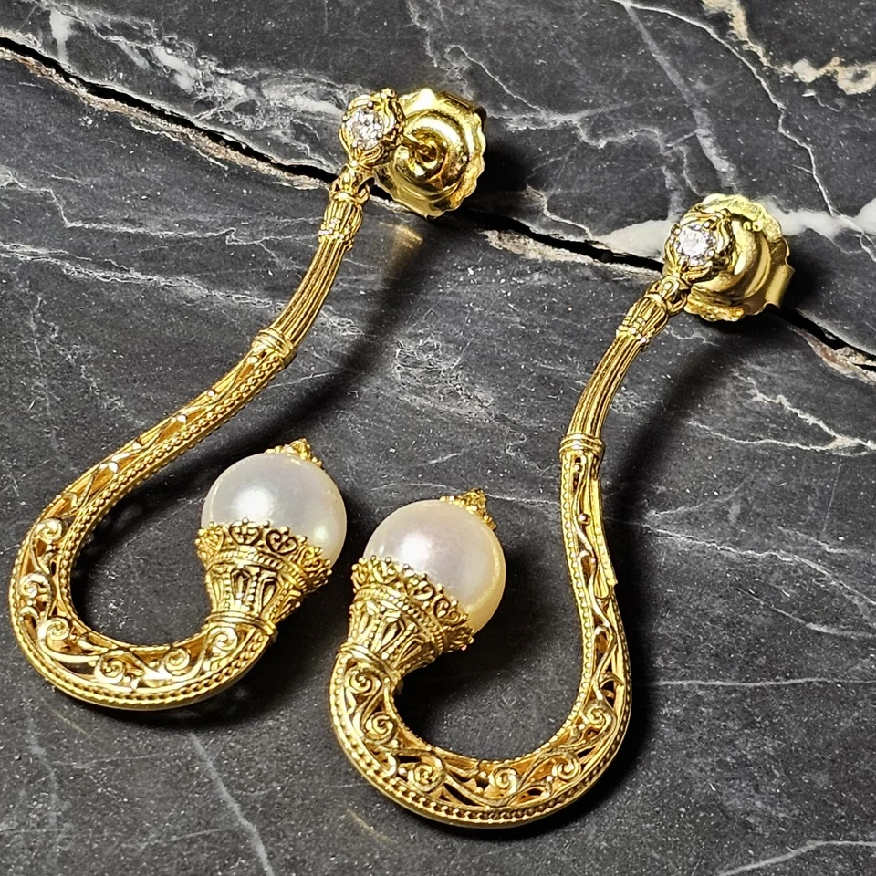 Pendientes colgantes Konstantino 18k perlas flamencas diamantes Foto 1 de 4