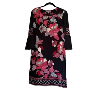 JM Collection Petite Large rot Blumen Kleid Glockenärmel Schlüsselloch Goldbarren Akzent - Bild 1 von 9