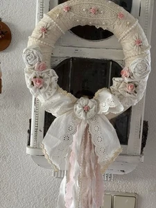 Türkranz Stoff Rosen Spitze Perle Shabby Chic Vintage Look Schwarz Weiß - Bild 1 von 7