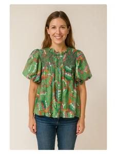 TCEC Bluse Damen groß grün bunt gesmokt Boho Puffärmel Blumen Oberteil - Bild 1 von 5