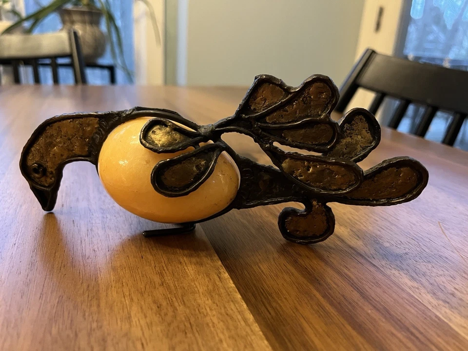 Emaus Brutalist Bird Sculpture with Marble Alabaster Egg Mexico Modernist Metal - Image 1 of 4