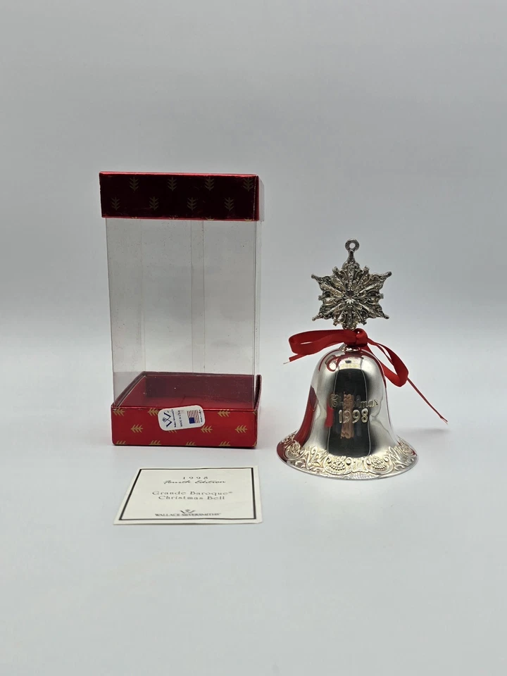 Ornamento de sino barroco Wallace Silversmith banhado a prata Natal 1998 floco de neve - Imagem 1 de 4