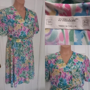 St Michael Dress Vintage UK 14 Pastel Floral Pattern Short Sleeve Midi Belt - Picture 1 of 14