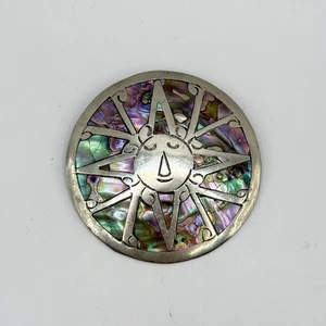 Ciondolo Vintage Argento Sterling 925 MESSICO Abalone Intarsiato Faccia Sole 2,25” 12,9g - Foto 1 di 7