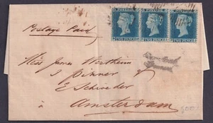 1855 2d Blue Plate 4 DH-DJ SG23 Strip of 3 London to Amsterdam FU Cat. £825.00+ - Picture 1 of 2