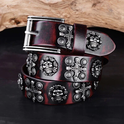 Hombres Retro Metal Remache Tachonado Cinturón Vaquero Cuero Genuino Punk Calavera Jeans Cinturones Foto 1 de 4