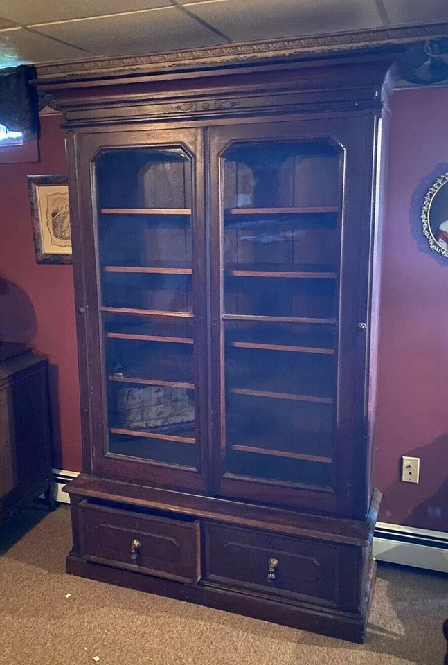 Antique Victorian Double Door Victorian Walnut Bookcase - Image 1 of 4