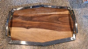 Solid Wood Serving Tray With Metal Edge & Handles Made in India (A5) - Picture 1 of 19
