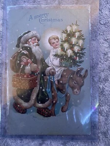 Seltene Postkarte Weihnachtsmann mit Esel Anfang 1900 mit Originalschrift unbespielt - Bild 1 von 7