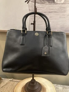 tory burch robinson tote Saffanio Satchel large Double Pocket Zip handbag Black - Picture 1 of 12