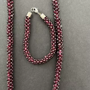 Vtg Black Cherry Garnet Seed Bead Pyrope Woven Rope Bohemian Necklace & Bracelet - Picture 1 of 10