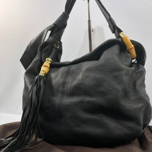GUCCI Bamboo Black Leather Hobo Bag Fringe Tassel Shoulder Bag Used Italy - Picture 1 of 13