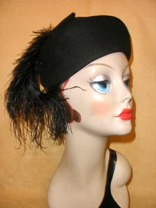 1960's Black Wool Oval Shaped Cocktail Hat w/ Ostrich Feather Accent - Picture 1 of 7
