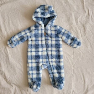 Carters Baby 3 Monate Sherpa-Kinderwagen mit Kapuze blau kariert Reißverschluss - Bild 1 von 8