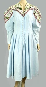 Vintage 80er Hammelärmel Calico Blau Denim Jeans Midikleid Western Boho S - Bild 1 von 4