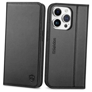 Case for iPhone 15 Pro 5G 6.1", Genuine Leather Wallet Flip Cover RFID Black - Picture 1 of 7