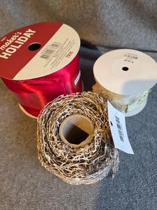 NUEVO Lote de (3) Rollos de Cinta de Navidad Rojo 4" Ancho Oro Blanco 2.5" W Abedul 2.5" - Imagen 1 de 8