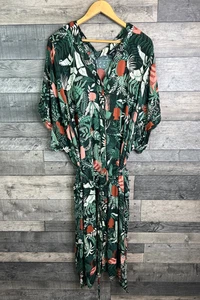 Monki Shirt Midi Dress Size Medium Large Green Tropical Leaf Floral Print Tie - Picture 1 of 10