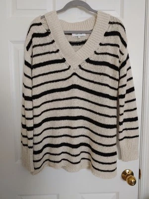 Suéter John & Jenn Talla Pequeña Recortado Hombro Crema Beige Negro Rayas Boho LEER Foto 1 de 4