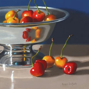 DANFORTH Cuenco de Plata Cerezas, Bodegón 8x8 Original Pintura al Óleo Realista - Imagen 1 de 4
