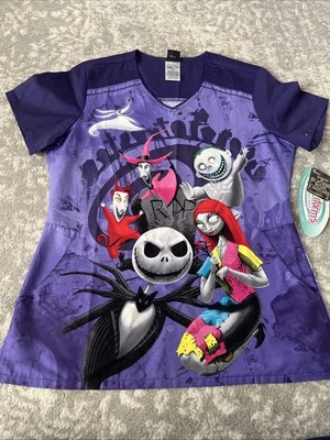 Disney Nightmare Before Christmas Womens Scrub Top Purple Sz Small Double Sided - Image 1 of 4