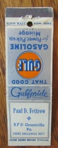 GULF GAS STATION MATCHBOOK: PAUL FETTROW (GRANTVILLE, PENNSYLVANIA) (c1920s) F11 - Picture 1 of 1
