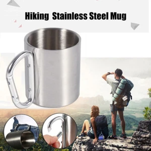 Camping Outdoor Stainless Steel Cup Carabiner Handle Double Wall Mug 220ml, US - Picture 1 of 4