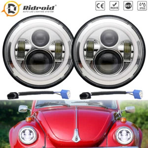 Chrome 7" LED Headlight Halo Angel Eyes Hi/Lo Beam DRL For VW Beetle 1967-1979 - Picture 1 of 12