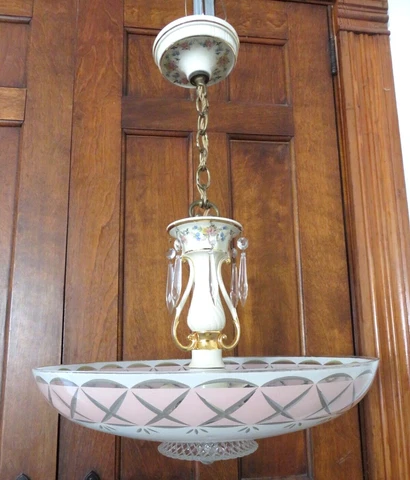 Vintage Porcelier Porcelain light fixture chandelier w/ prisms Cover