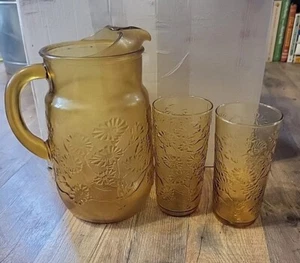 Vintage Anchor Hocking Spring Song Daisy Amber Krug & 2 Saftgläser Set 70er - Bild 1 von 17