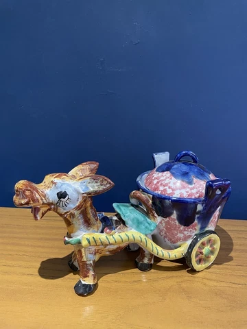 Italian MCM Pottery Donkey & Cart Planter lid Ceramic Vintage Decór Collectible Cover