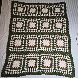 Hand Crochet Granny Square Blanket Afghan Throw White Green Brown Army Colors - Picture 1 of 2