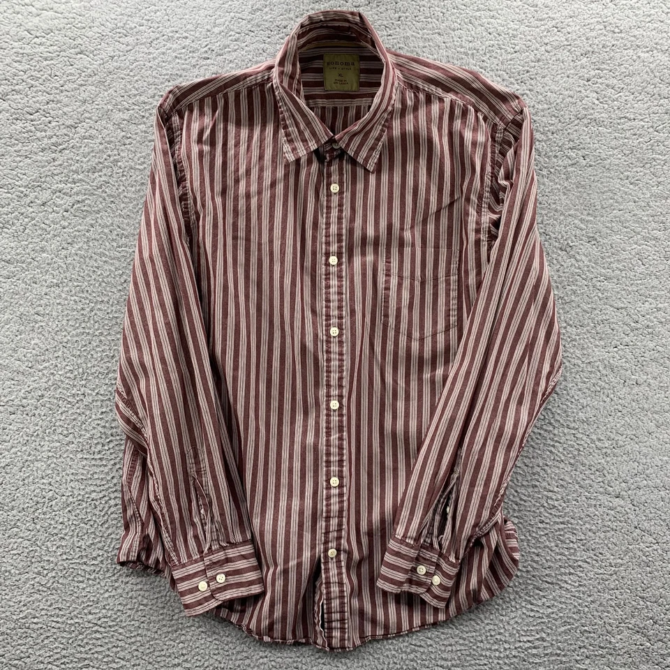 Camisa SONOMA Para Hombre XL Rayas Abotonada Manga Larga Extra Grande Borgoña Blanca Foto 1 de 4