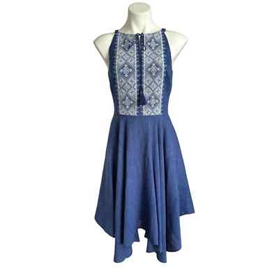 White House Black Market Blue Halter Embroidered Dress 4 Petite 4P Fit and Flare - Image 1 of 4