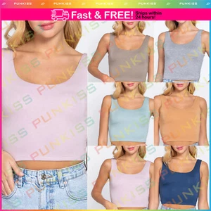 Women's Basic Scoop Solids Neck Rayon Sleeveless Casual Crop Tank Top Shirt - Picture 1 of 29