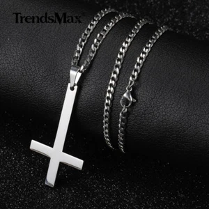 Simple Crucifix Cross Pendant Necklace Silver Color Stainless Steel Curb Chain - Picture 1 of 16