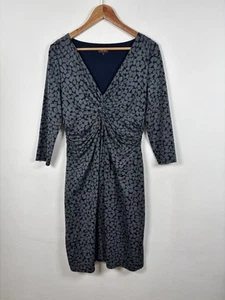 Phase Eight 14 Navy Grey Patterned Jersey Dress Knot Front 3/4 Sleeves Stretchy - Picture 1 of 10