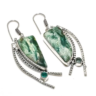 Tree Agate, Diopside Gemstone 925 Sterling Silver Jewelry Earring 2.36" V646 - Image 1 of 2