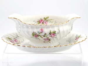 Haviland Sylvia Gravy Boat w Attached Underplate 9in White Pink Roses Limoges - Picture 1 of 17