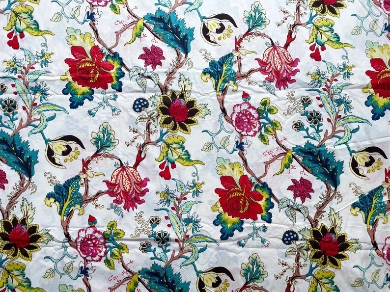 5 Yard Indian Cotton Handmade Print Fabric Sanganeri Hand Block Printed Fabric - Image 1 of 3