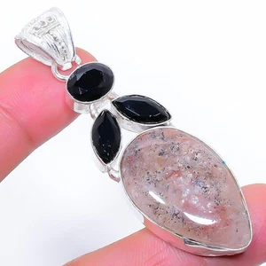 Quarzo ematoide, onice gemma fatta a mano in argento sterling 925 ciondolo gi... - Foto 1 di 5