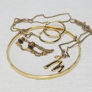 Monet Initial M Necklace 2 Pr Earrings Hoop Chain 1 Bangle Bracelet Gold - Picture 1 of 4