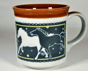 Vintage Embossed Horses 11oz Coffee Mug Black & White Brown Drip Glazed - Picture 1 of 3