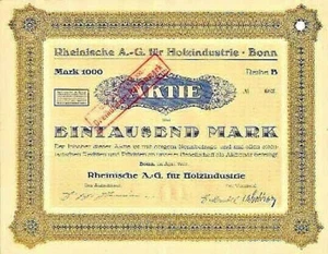 Rheinische AG für Holzindustrie Bonn historyczne akcje 1922 Rhein Meblarski przemysł - Zdjęcie 1 z 1