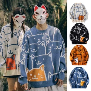 Harajuku Fashion Man Sweater Cartoon Cat Loose Knitted Hip Hop Knitwear Pullover - Picture 1 of 16