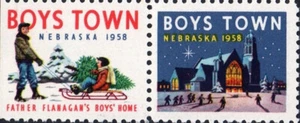 Par de estampillas de Cenicienta local de Navidad de Estados Unidos Boys Town Nebraska 1958 MNH - Imagen 1 de 1