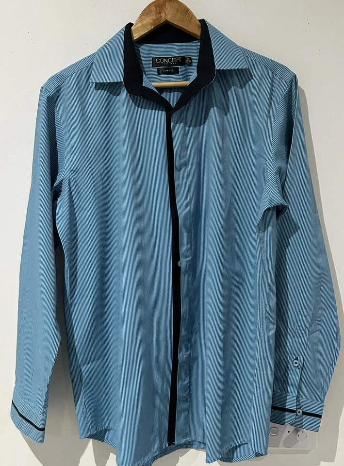 Concept For Men Long Sleeve Striped Blue Shirt Collared Button Up Size M Slim - Image 1 of 4
