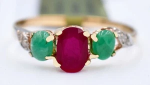 GENUINE 0.73 Cts RUBY, EMERALD & DIAMOND RING 10K SOLID GOLD - Free Appraisal - Picture 1 of 7
