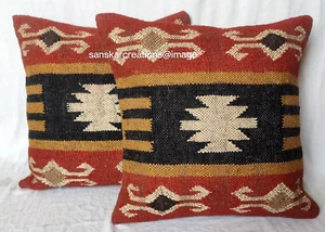 2 Pcs Kilim Jute Cushion Cover Square 18x18" Throw Outdoor Pillow Case Home Deco - Picture 1 of 6